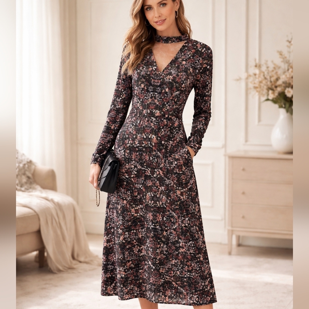 BCBGeneration💐Black Floral Choker V-Neck Long Sleeve Midi-Lots of Stretch Sz M